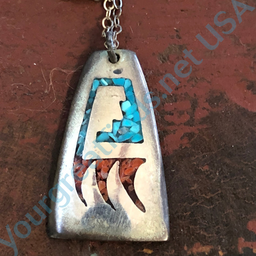 Old Navajo Sterling Silver Shiprock Mosaic Bear Track Necklace Necklace