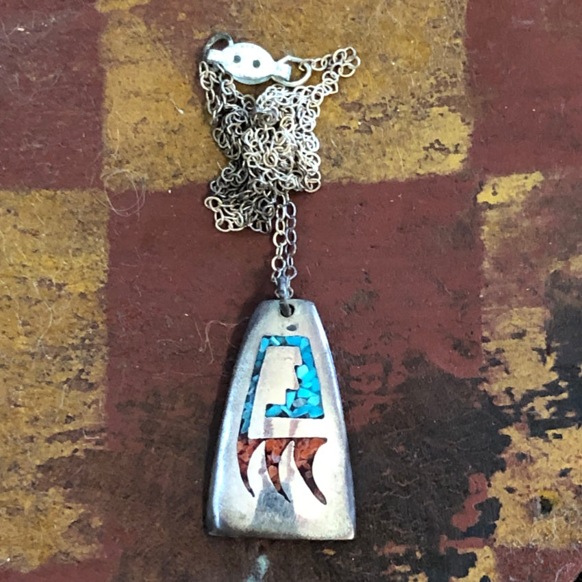 Old Navajo Sterling Silver Shiprock Mosaic Bear Track Necklace Necklace