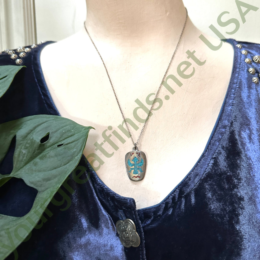 Old Navajo Sterling Silver Shiprock Mosaic Knifewing Necklace Necklace