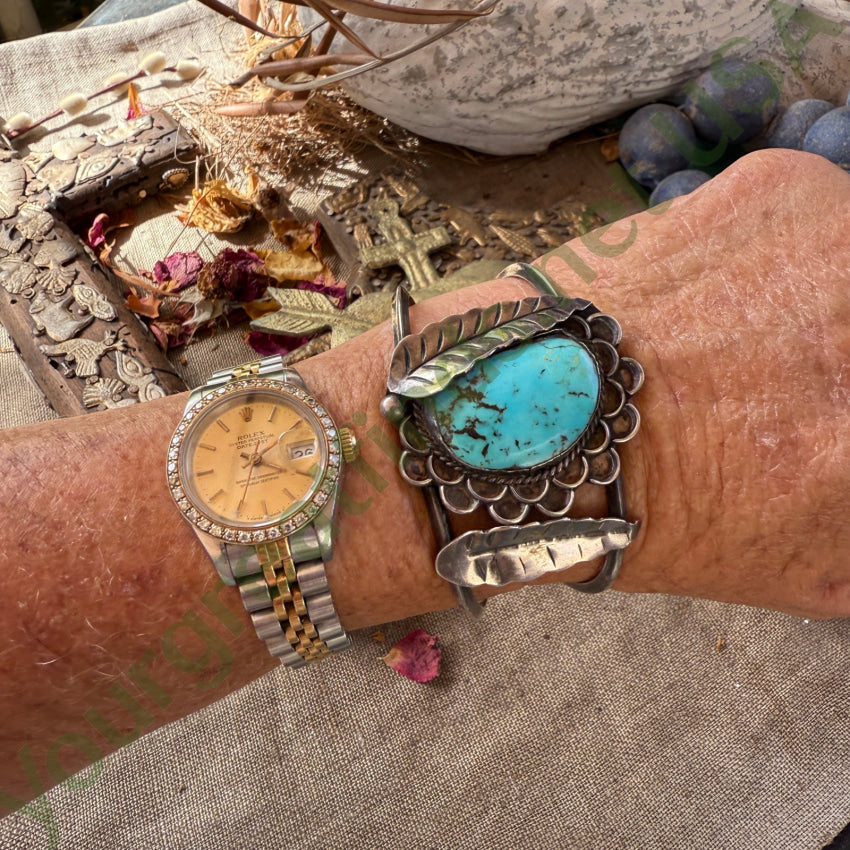 Old Navajo Sterling Silver & Spider Web Turquoise Double Feather Bracelet necklace