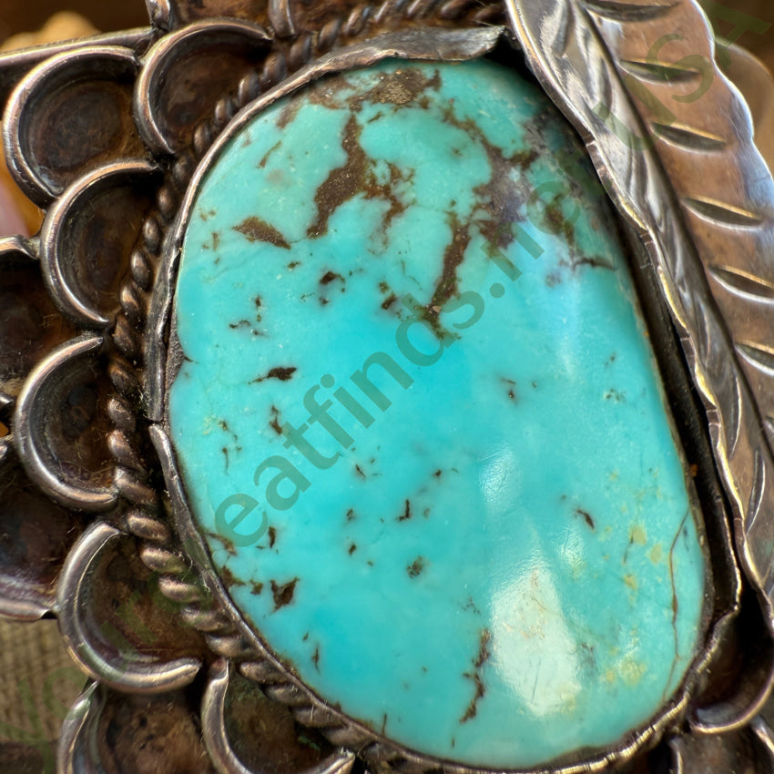 Old Navajo Sterling Silver & Spider Web Turquoise Double Feather Bracelet necklace