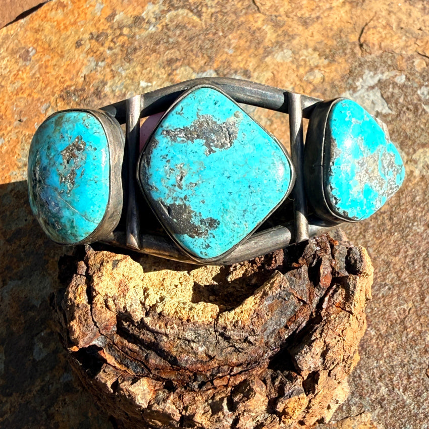 Old Navajo Sterling Silver & Turquoise 3 Stone Cuff Bracelet cuff bracelet