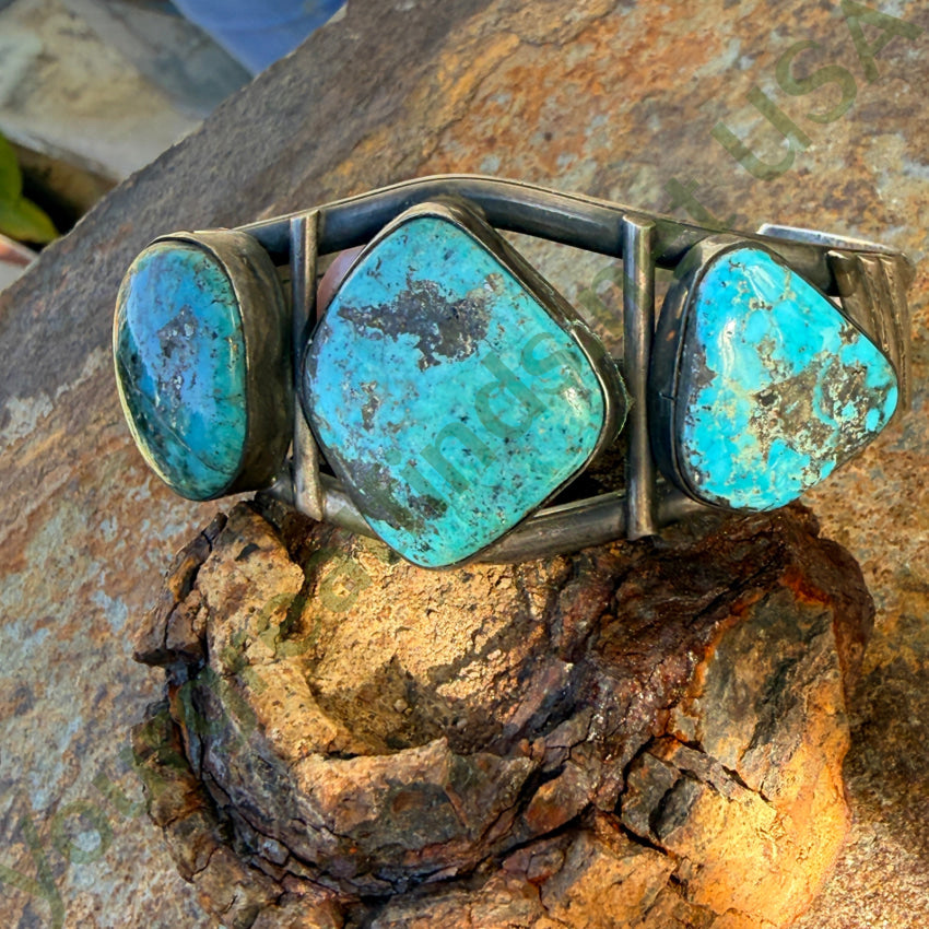 Old Navajo Sterling Silver & Turquoise 3 Stone Cuff Bracelet cuff bracelet