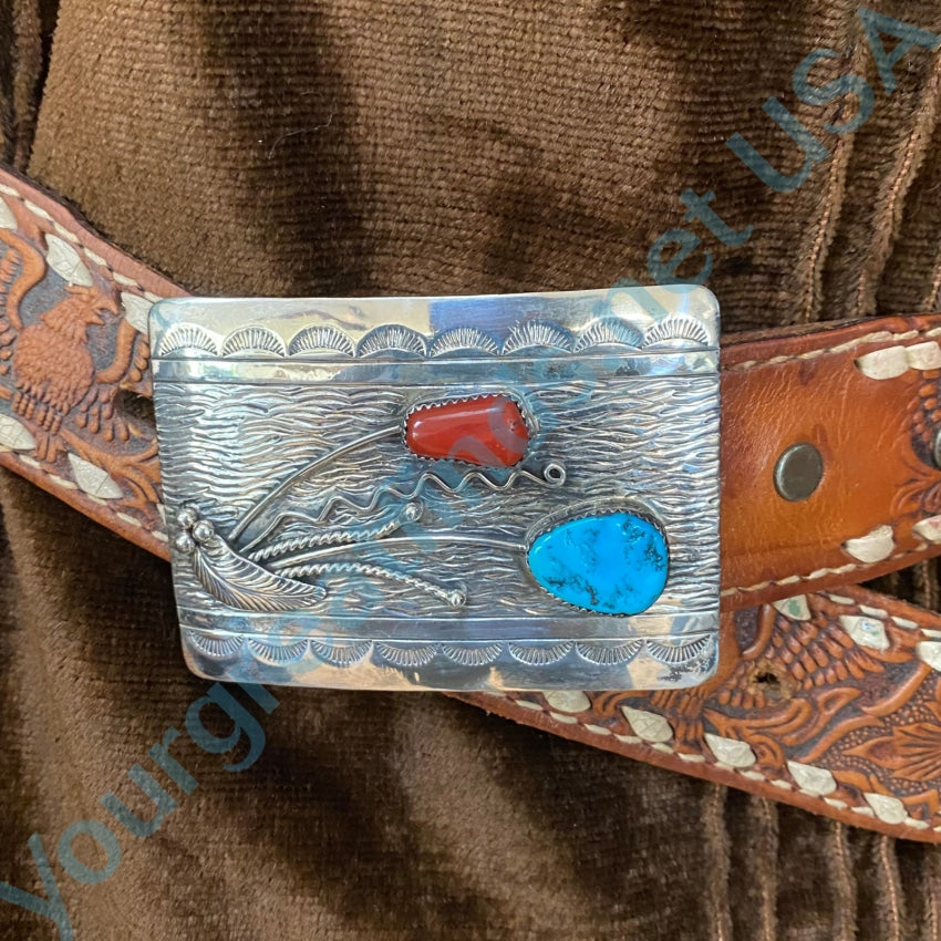Old Navajo Sterling Silver Turquoise Coral Buckle Mexico Leather