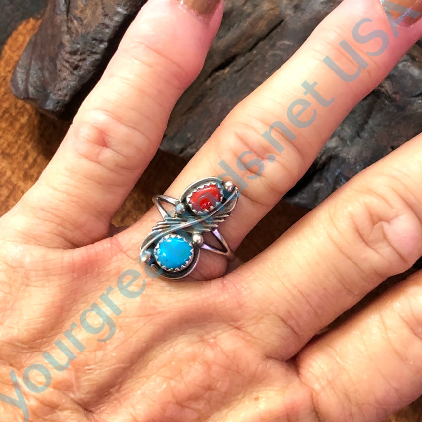 Old Navajo Sterling Silver Turquoise & Coral Ring Size 7.5 Ring