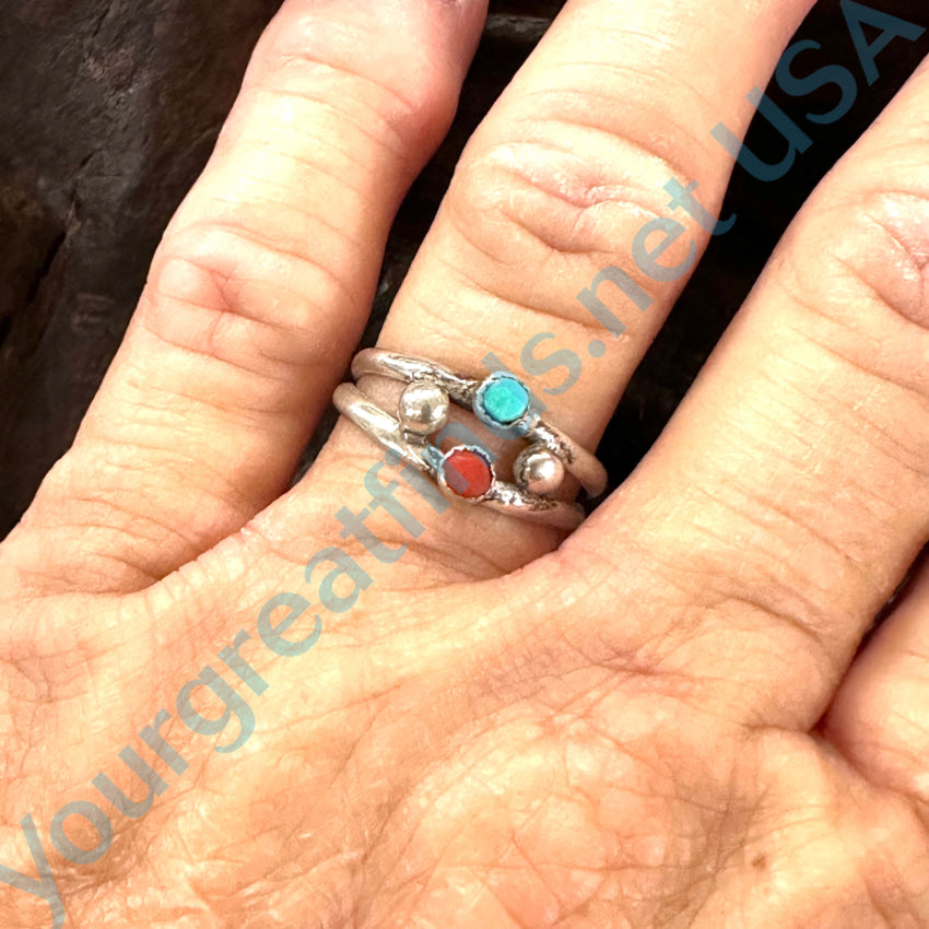 Old Navajo Sterling Silver Turquoise Coral Snake Eye Band Ring 7 Ring