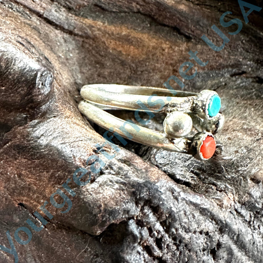 Old Navajo Sterling Silver Turquoise Coral Snake Eye Band Ring 7 Ring