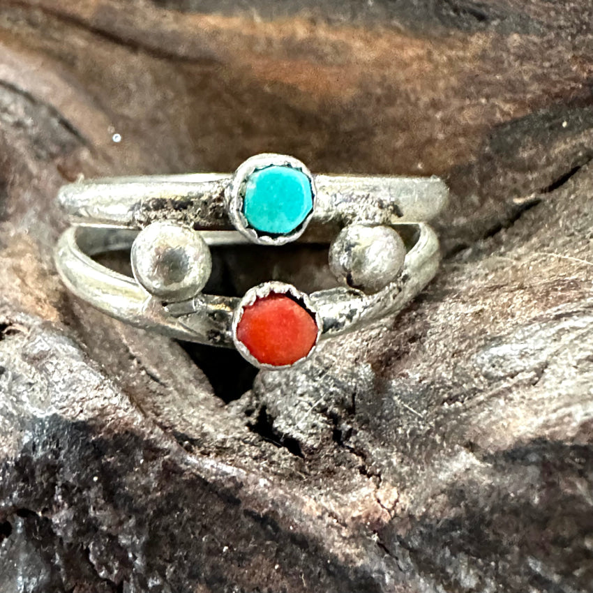 Old Navajo Sterling Silver Turquoise Coral Snake Eye Band Ring 7 Ring