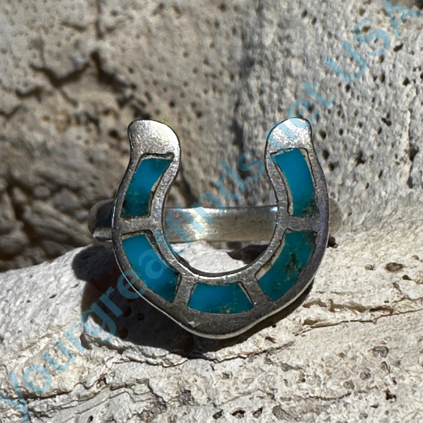 Old Navajo Sterling Silver & Turquoise Inlay Horseshoe Ring Size 5.75