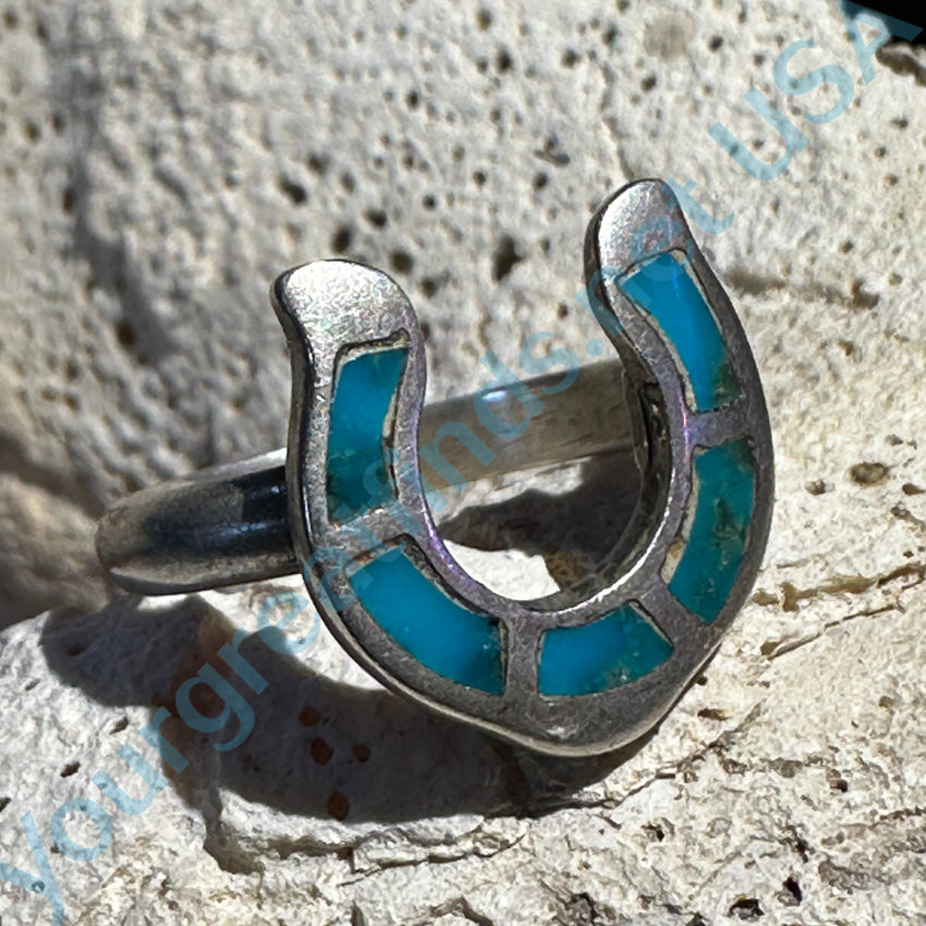 Old Navajo Sterling Silver & Turquoise Inlay Horseshoe Ring Size 5.75