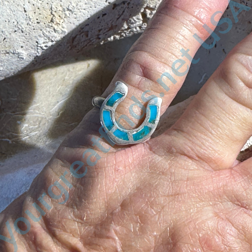 Old Navajo Sterling Silver & Turquoise Inlay Horseshoe Ring Size 5.75