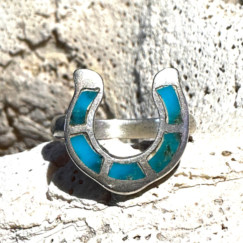 Old Navajo Sterling Silver & Turquoise Inlay Horseshoe Ring Size 5.75