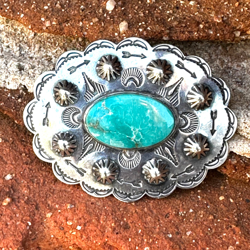 Old Navajo Sterling Silver & Turquoise Large Concho Pin Brooch Pin Brooch