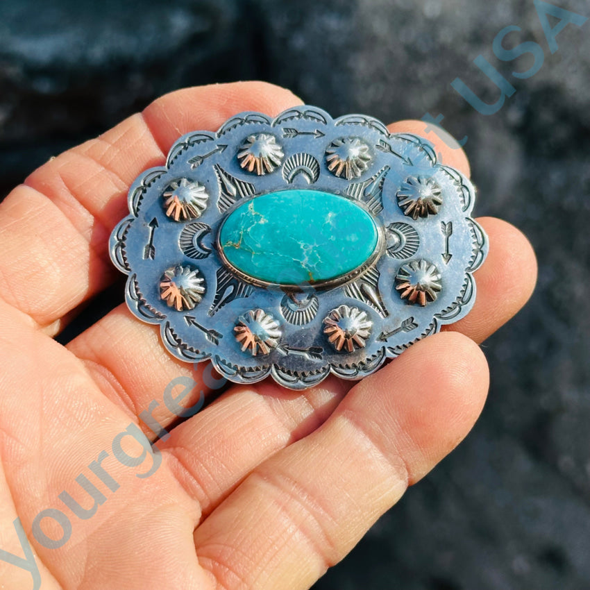 Old Navajo Sterling Silver & Turquoise Large Concho Pin Brooch Pin Brooch