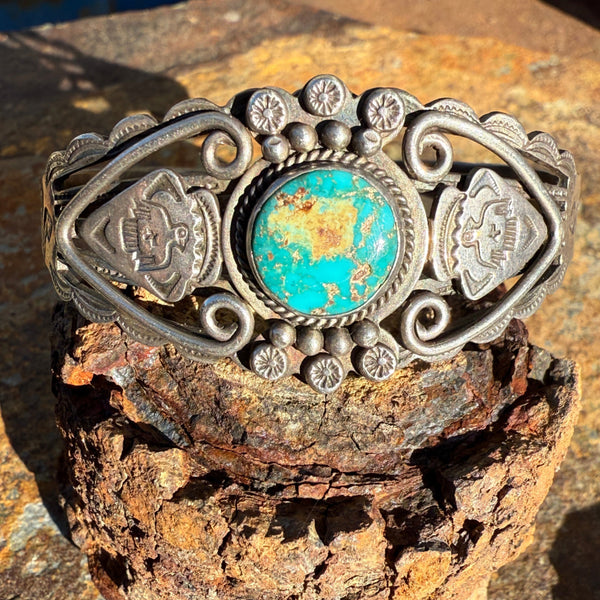 Old Navajo Sterling Silver & Turquoise Pretty Girl Bracelet Fred