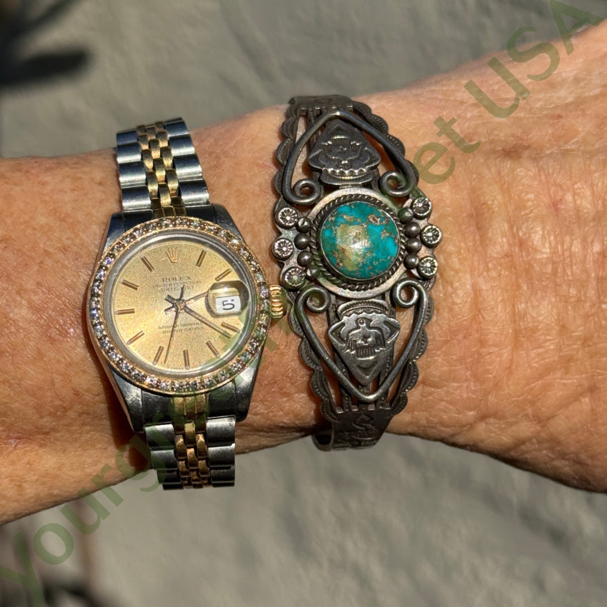 Old Navajo Sterling Silver & Turquoise Pretty Girl Bracelet Fred Harvey bracelet