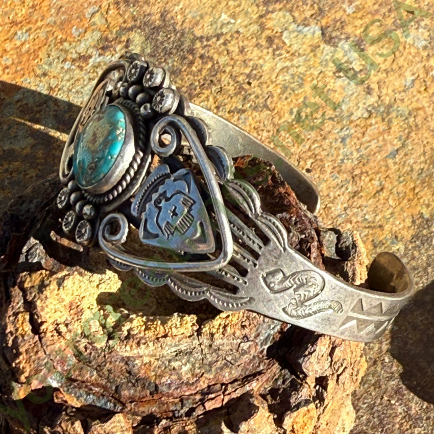 Old Navajo Sterling Silver & Turquoise Pretty Girl Bracelet Fred Harvey bracelet