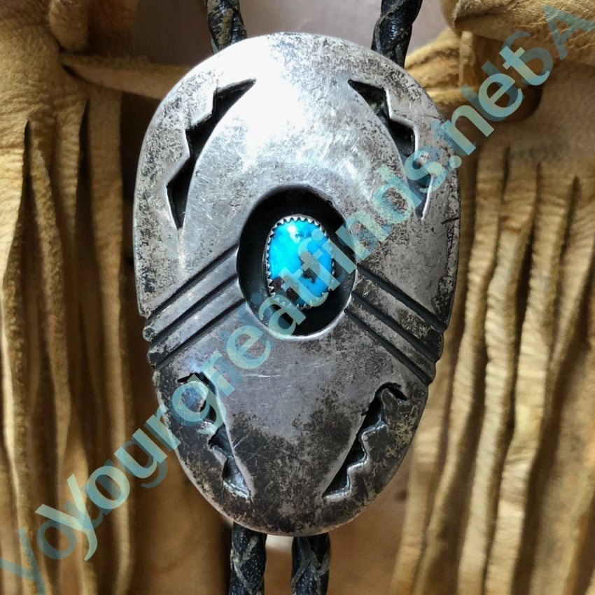 Old Navajo Sterling Silver Turquoise Shadowbox Bolo Tie Yourgreatfinds