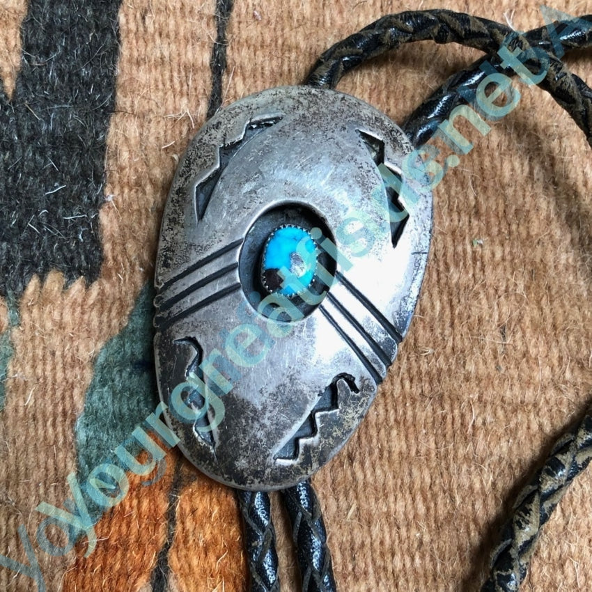 Old Navajo Sterling Silver Turquoise Shadowbox Bolo Tie Yourgreatfinds