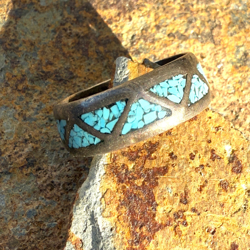 Old Navajo Sterling Silver Turquoise Shiprock Mosaic Band Ring 8 Ring