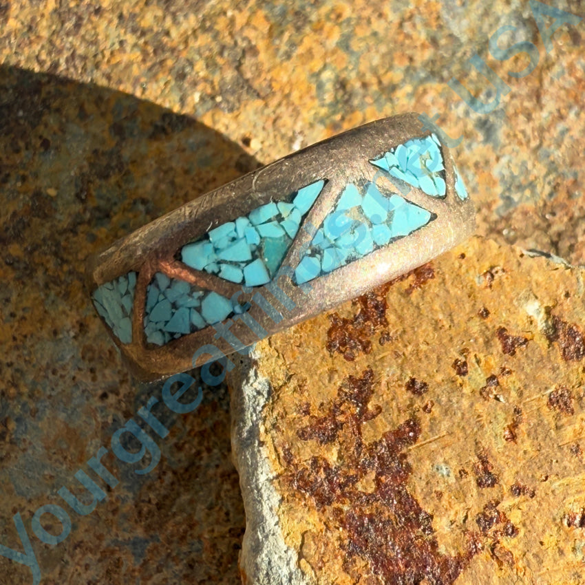 Old Navajo Sterling Silver Turquoise Shiprock Mosaic Band Ring 8 Ring