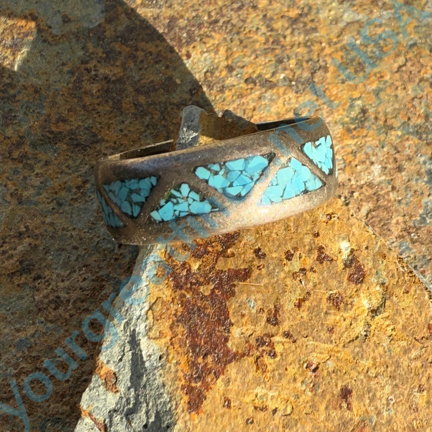 Old Navajo Sterling Silver Turquoise Shiprock Mosaic Band Ring 8 Ring