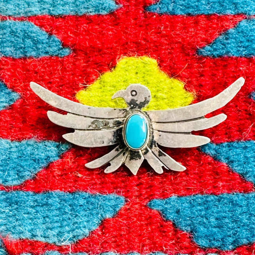 Old Navajo Sterling Silver Turquoise Thunderbird Pin Fred Harvey