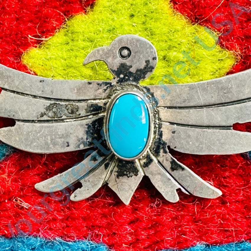 Old Navajo Sterling Silver Turquoise Thunderbird Pin Fred Harvey