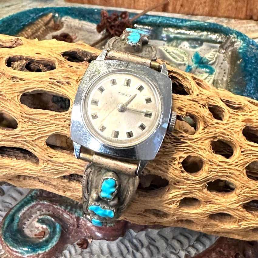 Old Navajo Sterling Silver Turquoise Watch Band Plate & Expansion