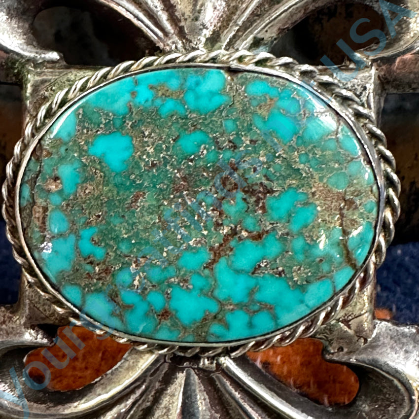 Old Navajo Tufa Stone Cast Sterling Silver Spider Web Turquoise Belt Buckle