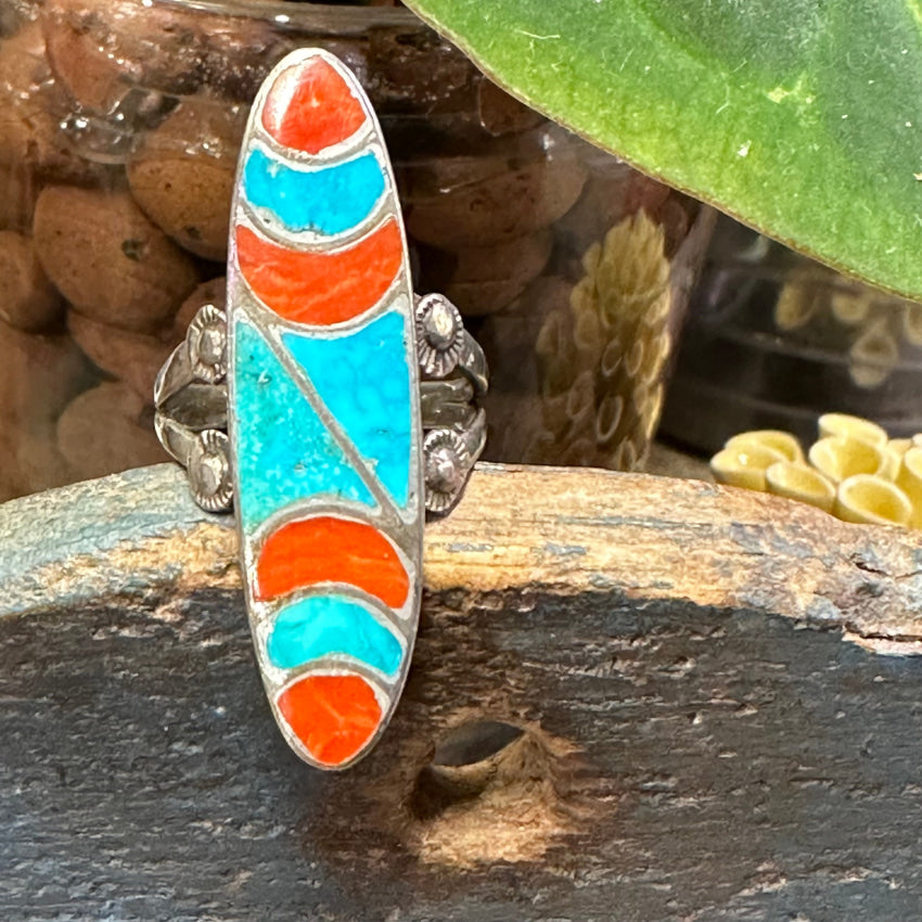 Old Navajo Turquoise Coral Inlay Long Ring Size 8