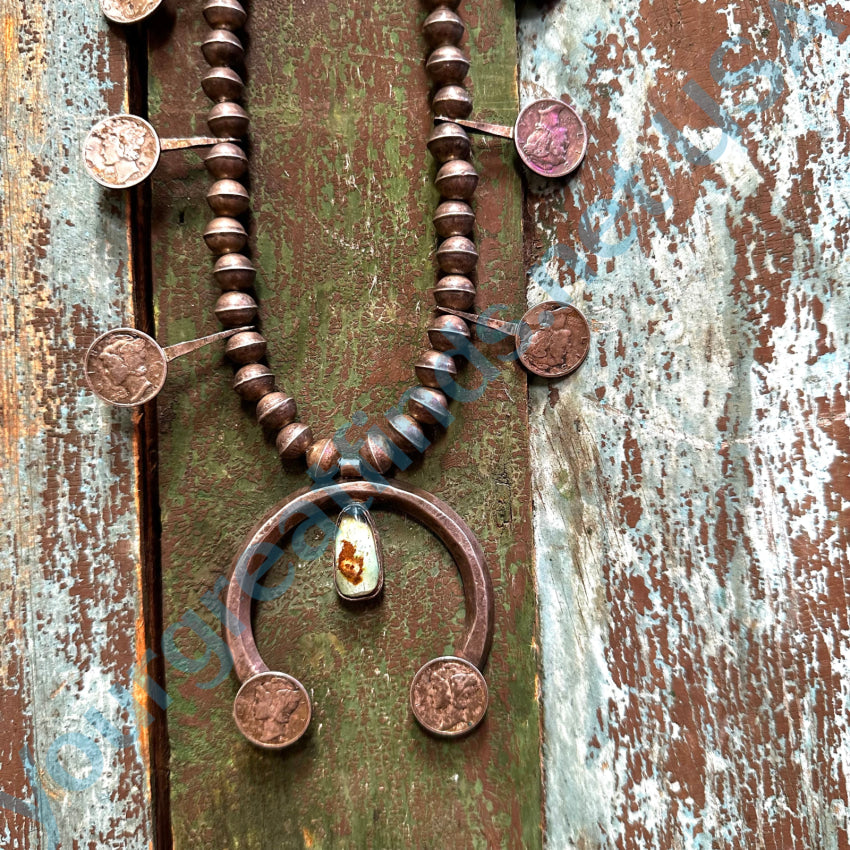 Old Navajo Turquoise & Mercury Dime Silver Squash Blossom Necklace Apparel Accessories