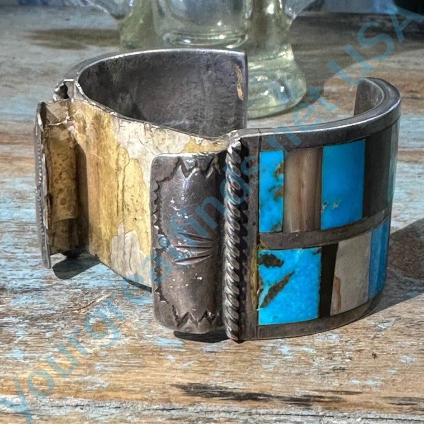 Old Navajo Turquoise Mosaic Inlay Bracelet Sterling Silver