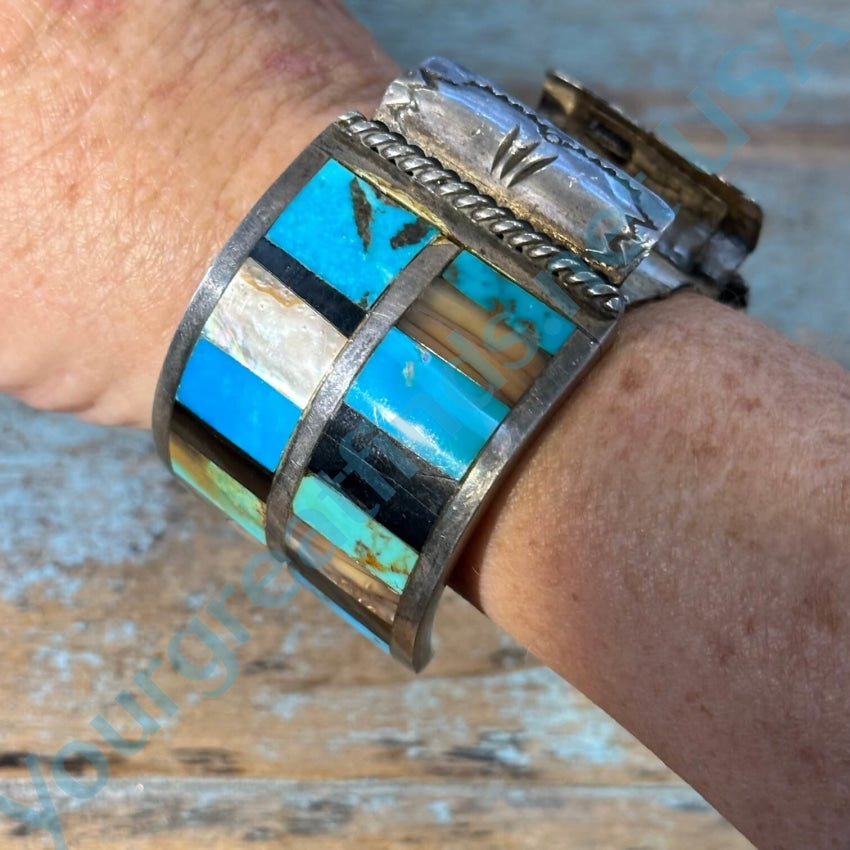 Old Navajo Turquoise Mosaic Inlay Bracelet Sterling Silver