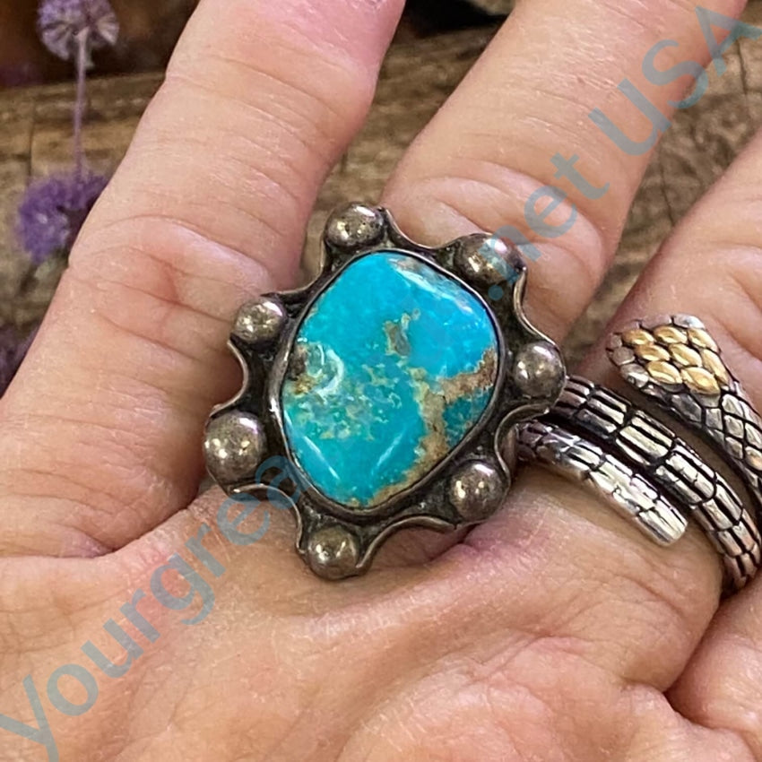 Old Navajo Turquoise Raindrop Star Ring Size 7.5 Sterling Silver
