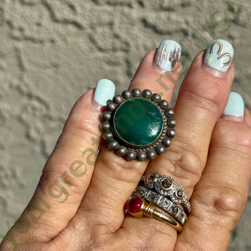 Old Navajo Turquoise Satellite Ring Stamped Size 4 3/4 ring