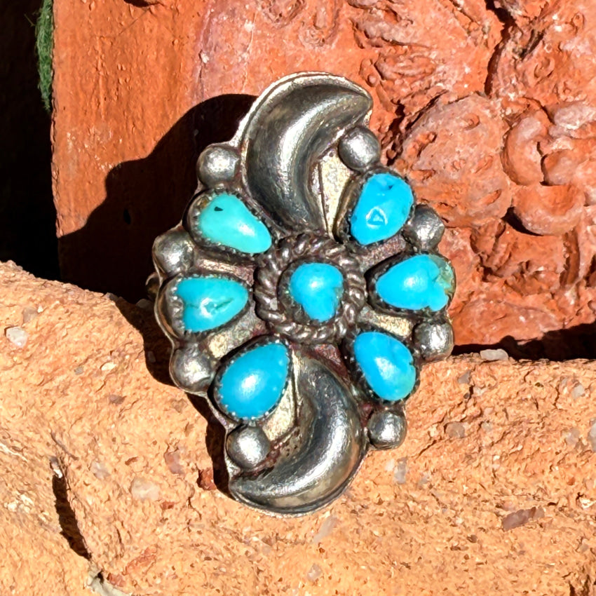 Old Navajo Turquoise & Sterling Silver Rosette Ring 6.5 ring