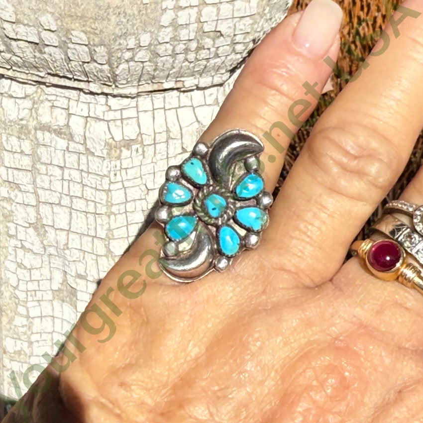Old Navajo Turquoise & Sterling Silver Rosette Ring 6.5 ring