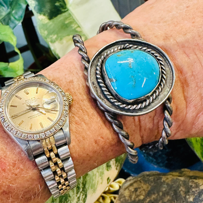 Old Navajo Twisted Wire Rope Bracelet Deep Blue Turquoise