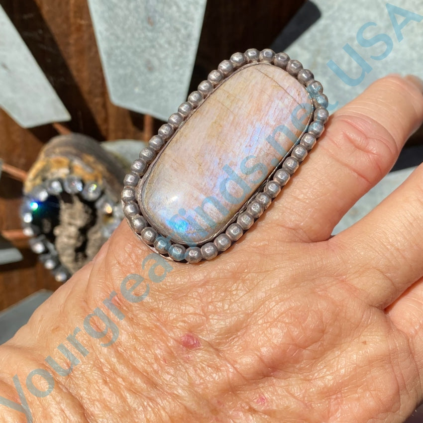 Old Navajo Wrought Silver Ring Natural Pink Moonstone 4.75 Rings