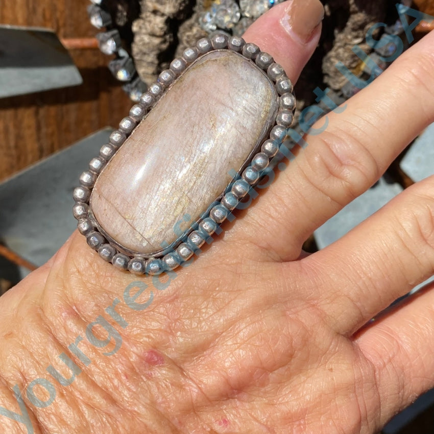 Old Navajo Wrought Silver Ring Natural Pink Moonstone 4.75 Rings