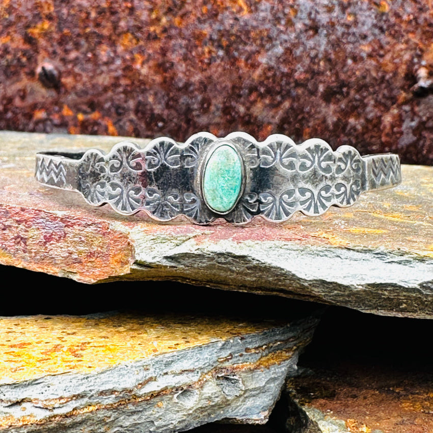 Old Navajo Wrought Silver & Turquoise Cuff Bracelet