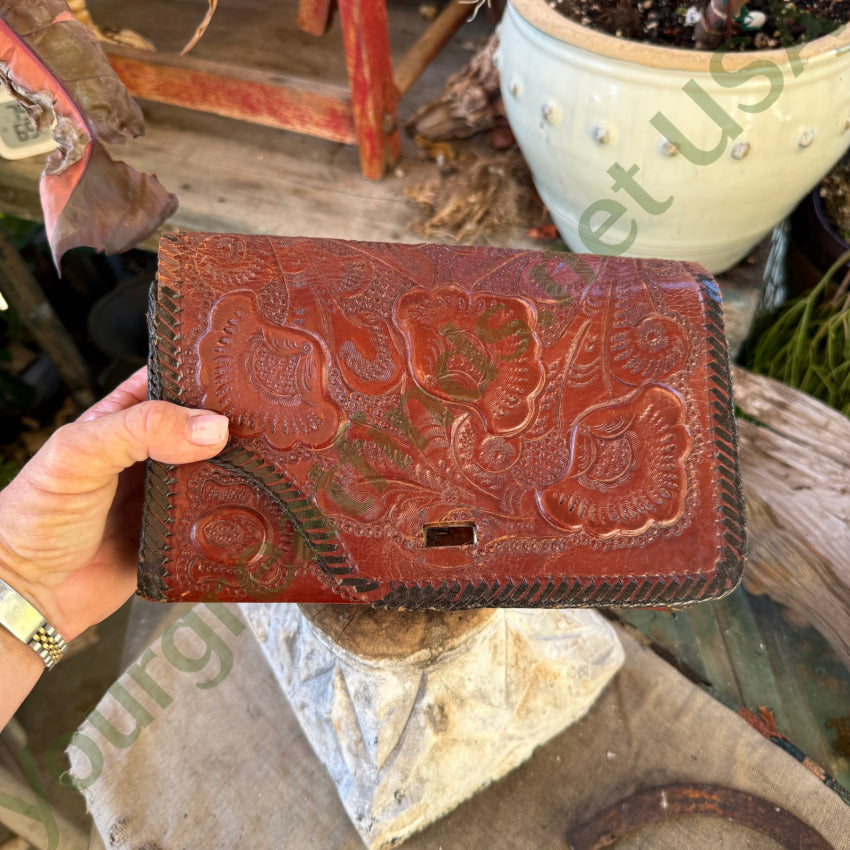 Old Reversible Mexican Tooled Leather Bag Red Heart Turn-Lock Clasp purse