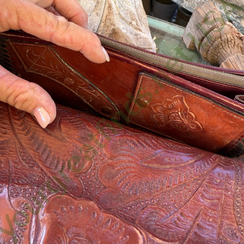 Old Reversible Mexican Tooled Leather Bag Red Heart Turn-Lock Clasp purse