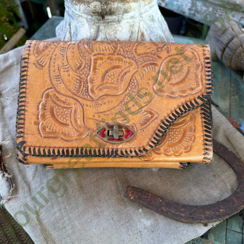 Old Reversible Mexican Tooled Leather Bag Red Heart Turn-Lock Clasp purse