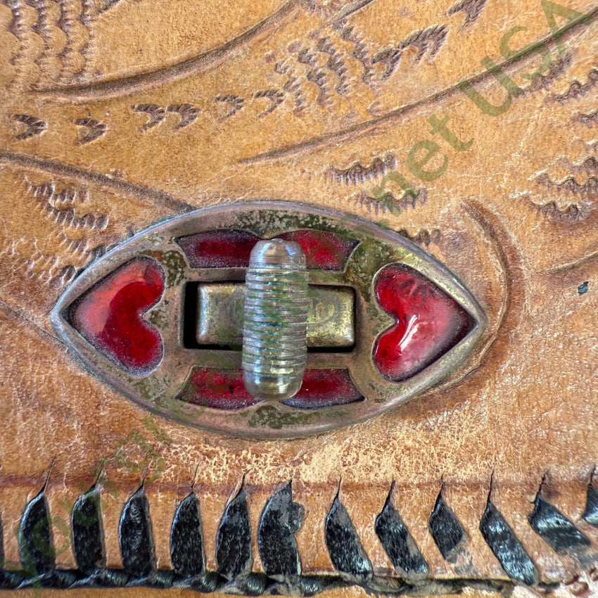 Old Reversible Mexican Tooled Leather Bag Red Heart Turn-Lock Clasp purse