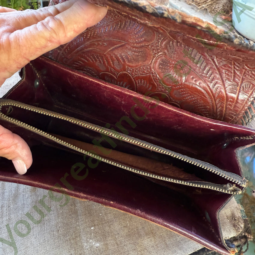 Old Reversible Mexican Tooled Leather Bag Red Heart Turn-Lock Clasp purse