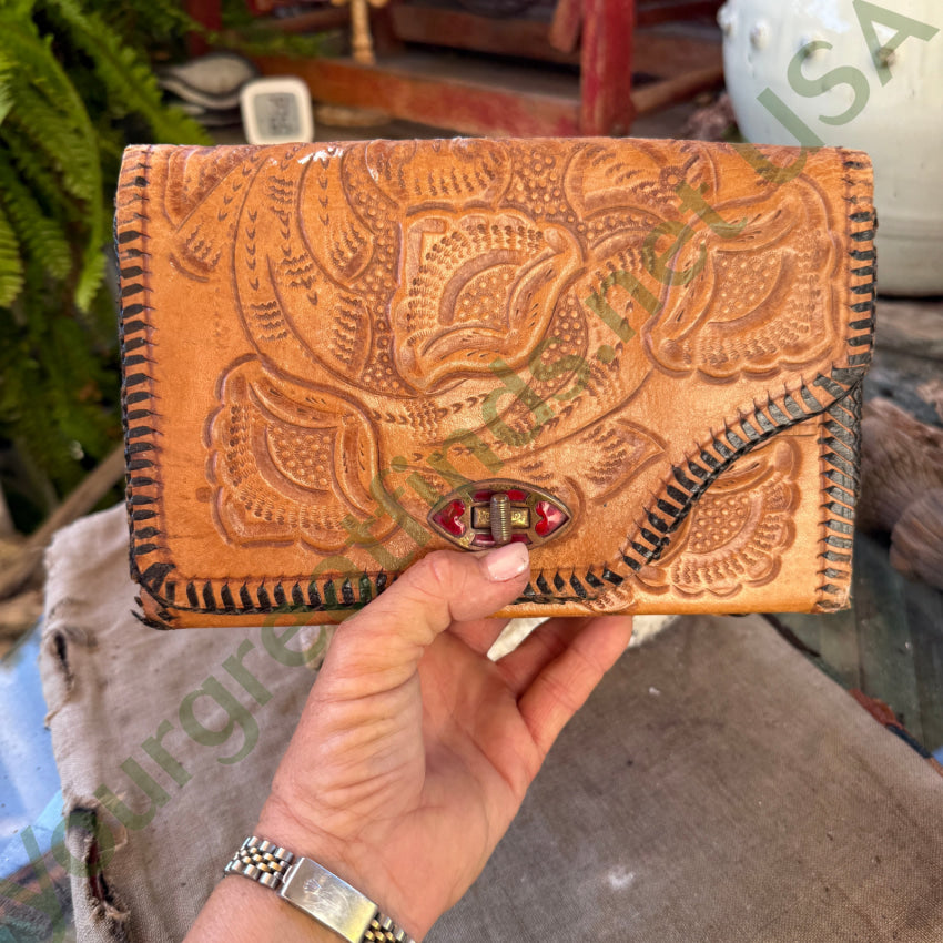 Old Reversible Mexican Tooled Leather Bag Red Heart Turn-Lock Clasp purse