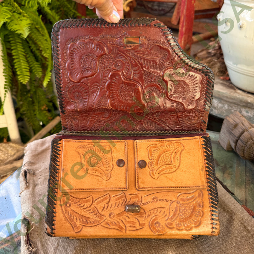 Old Reversible Mexican Tooled Leather Bag Red Heart Turn-Lock Clasp purse