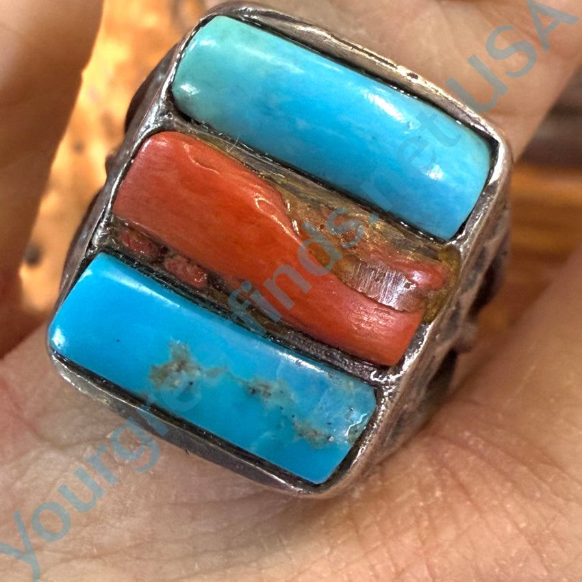 Old Rustic Navajo Sterling Silver Turquoise & Red Coral Ring 10 Ring